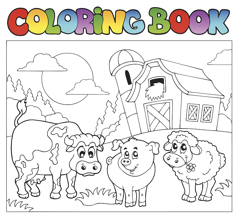彩色书,牲畜,三只动物,粮仓,农场,绘画插图,干草,艺术,谷仓,夏天