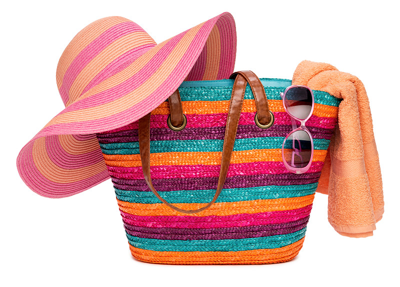 草帽,条纹,色彩鲜艳,太阳镜,毛巾,沙滩包,个人随身用品,水平画幅,无人,夏天