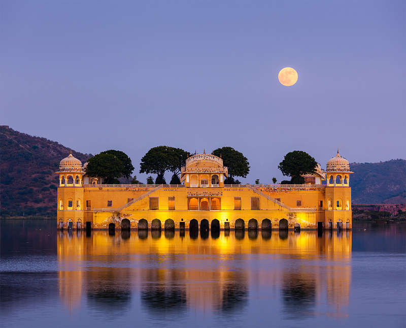 斋浦尔,宫殿,拉贾斯坦邦,印度,水上宫殿,水,天空,水平画幅,夜晚,无人