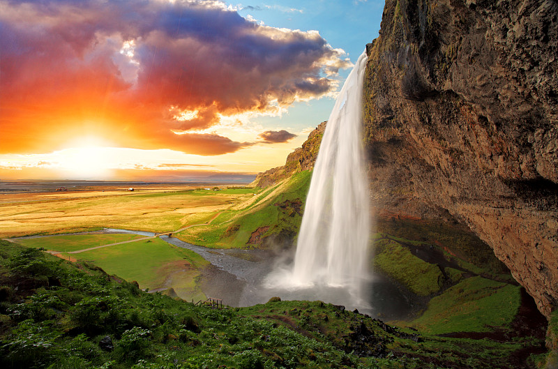 瀑布,冰岛国,塞里雅兰瀑布,水,水平画幅,无人,夏天,户外,石头,超自然