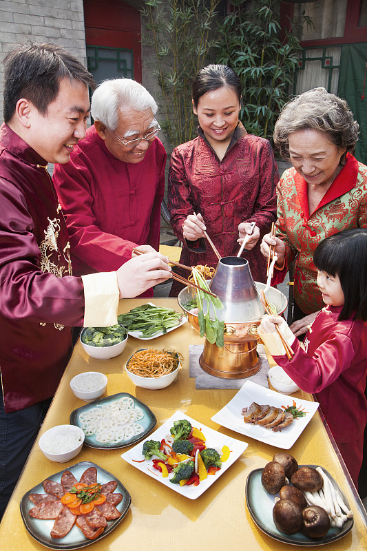 传统服装,膳食,家庭,衣服,传统,祖母,五个人,孙女,亚洲人,垂直画幅