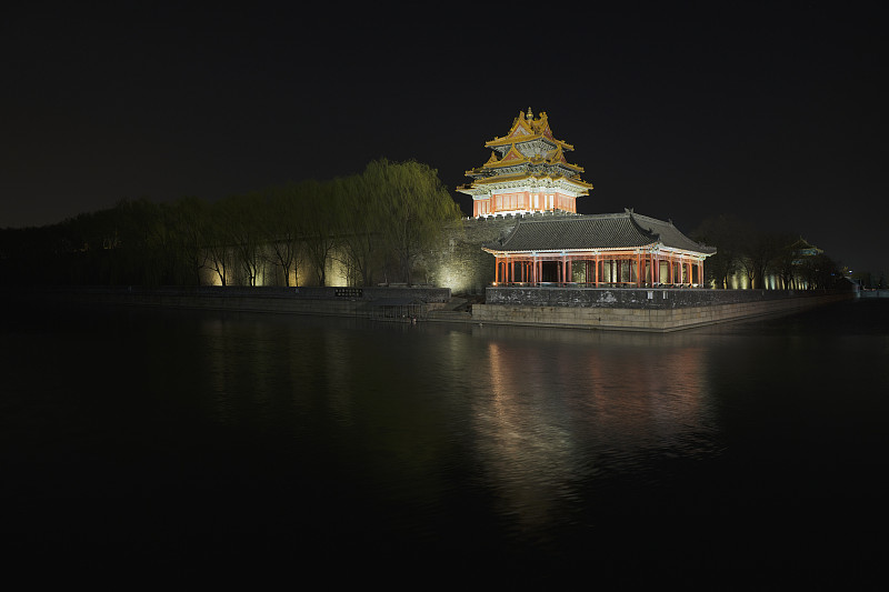 夜晚,故宫,北,东,角度,塔,垂柳,水,天空,石墙