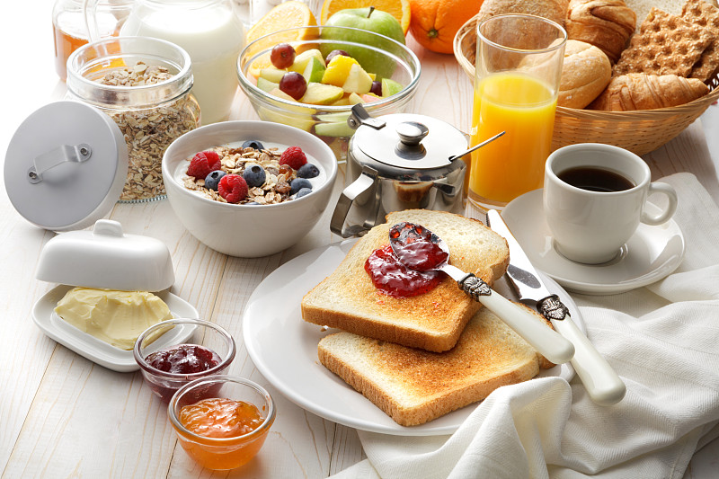 早餐,静物,餐桌,欧式早餐,切片吐司,自助餐,吐司面包,杏子酱,谷类食品,面包