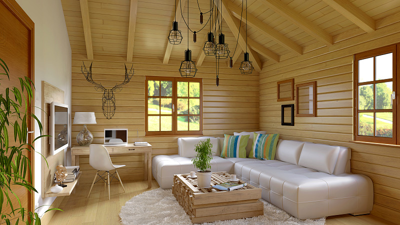 小木屋,现代,室内,水平画幅,无人,椅子,天花板,地毯,灯,乡村风格