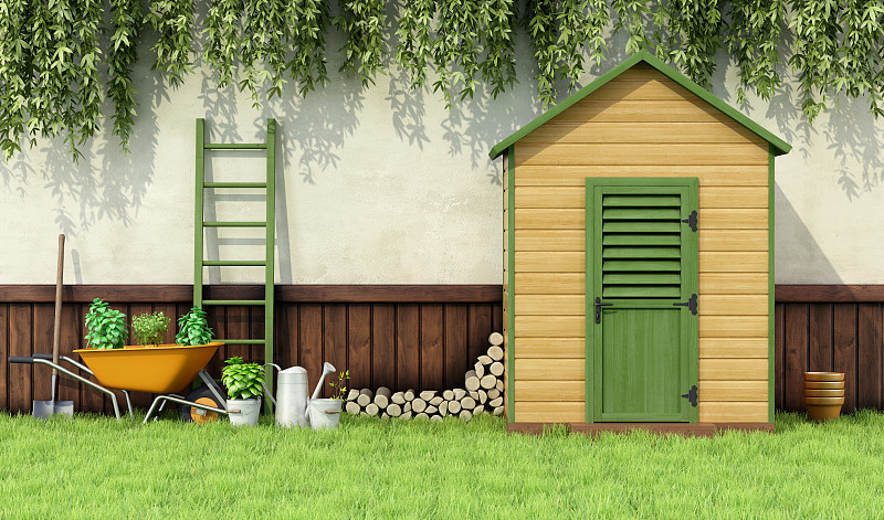 棚,庭院,草坪,白灰泥,褐色,水平画幅,墙,小木屋,无人,木材