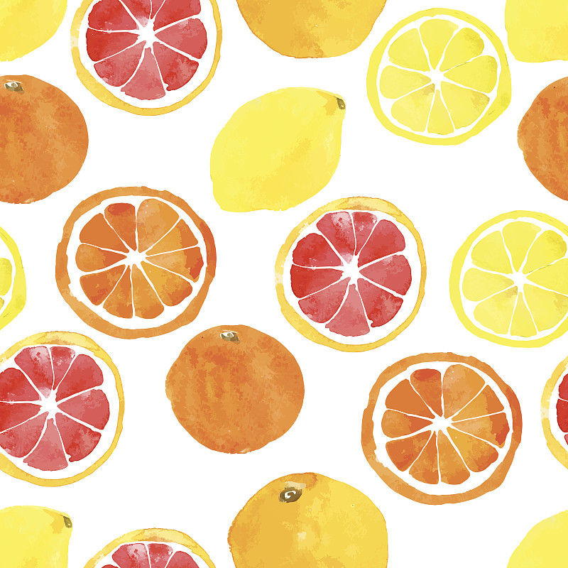 橙子,柠檬,四方连续纹样,柑橘属,水彩画,纹理效果,素食,绘画插图,果汁,夏天