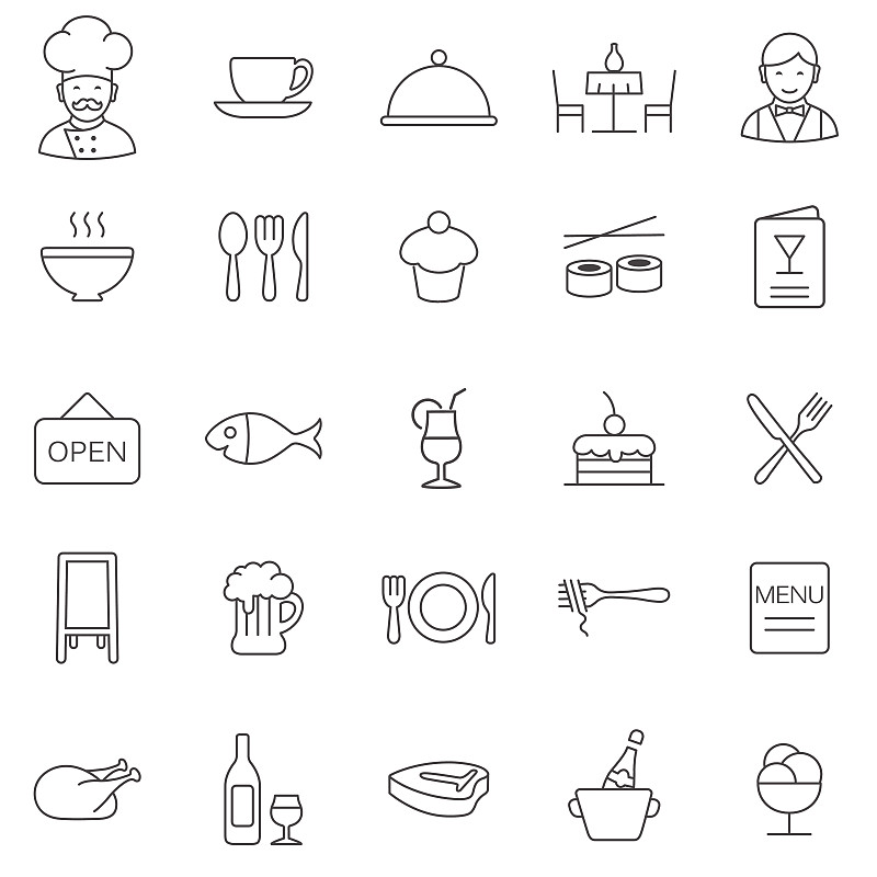 餐馆,符号,矢量,线条,餐刀,钟形女帽,菜单,男招待,轮廓,晚餐