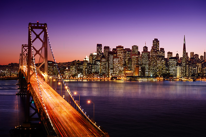 海湾大桥,城市天际线,旧金山,水平画幅,夜晚,无人,海港,交通,户外,都市风景