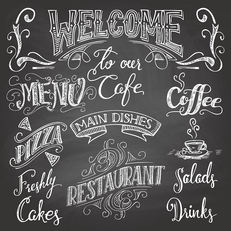 黑板,咖啡馆,文字,动物手,欢迎标志,粉笔画,菜单,非西方字母,比萨饼,咖啡