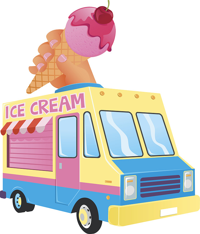 冰淇淋车,面包车,绘画插图,陆用车,奶油,夏天,卡通,皮卡车,白色,商业金融和工业
