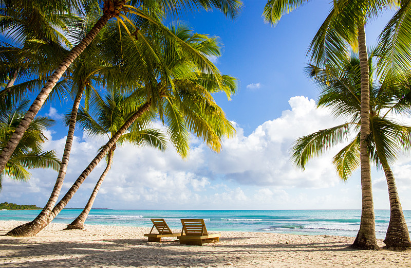 海滩,岛,天空,美,沙滩椅,水平画幅,沙子,无人,多米尼加人,夏天