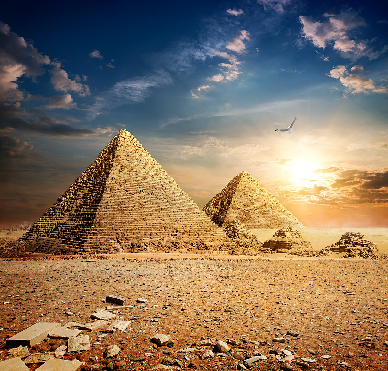 金字塔,在上面,纪念碑,天空,沙子,古老的,早晨,吉萨,夏天,石材