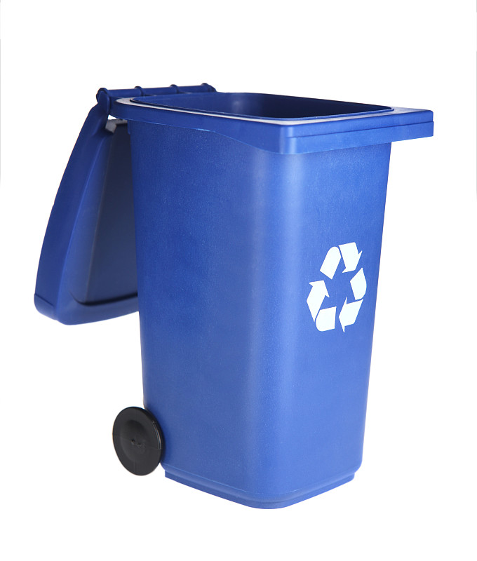 回收桶,蓝色,开着的,盖子,白色,滚轮垃圾桶,垃圾桶,循环符号,垂直画幅,垃圾