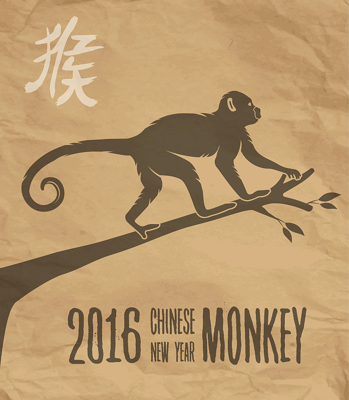 猴子,2016,贺卡,中国,纸,新年前夕,猴年,猿,十二宫图,新的