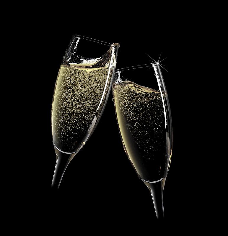 香槟杯,两个物体,长笛,香槟,玻璃杯,黑色背景,周年纪念,水晶玻璃器皿,葡萄酒,黑色