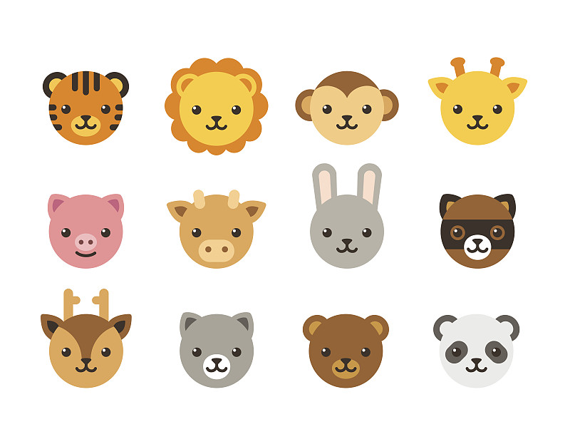 动物头,可爱的,卡通,猴子,熊猫,猿,狮子,熊,虎,兔子