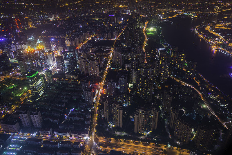 未来,夜晚,城市,摩天大楼,霓虹灯,上海,航拍视角,在上面,中文,汉字