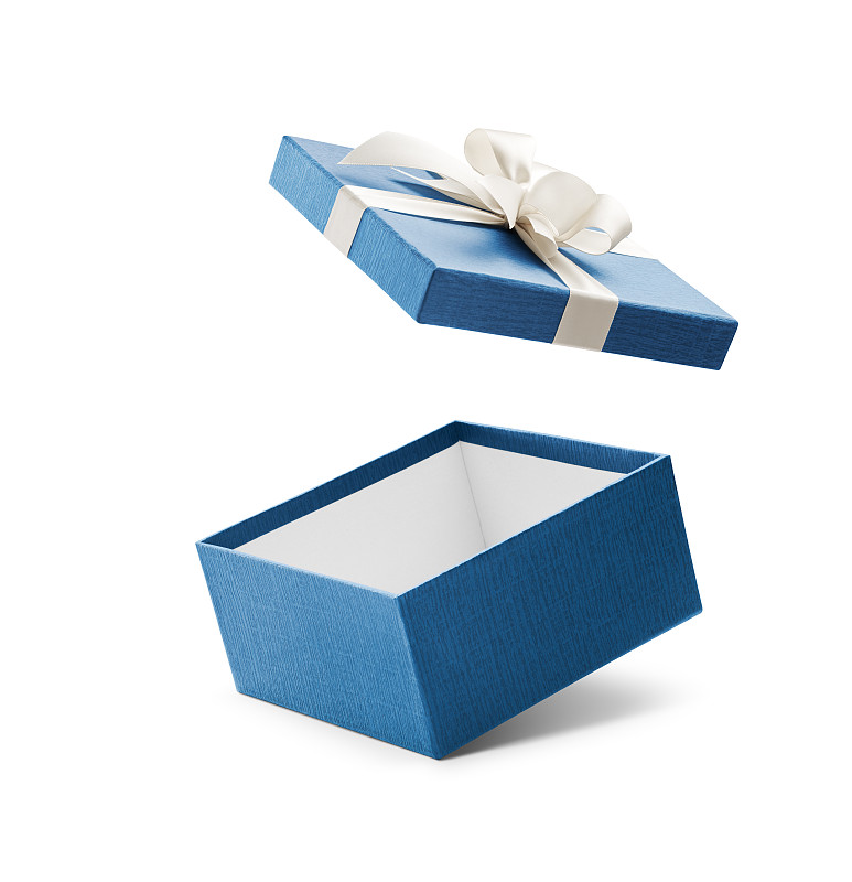开着的,蝴蝶结,白色,蓝色,包装纸,生日礼物,礼物,盒子,惊奇,空箱子