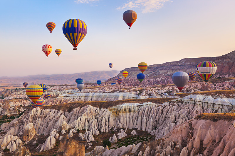 卡帕多奇亚,热气球,热,土耳其,在上面,机票,风,水平画幅,山,早晨