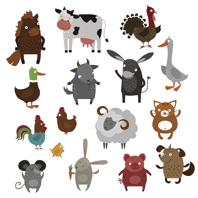 牲畜,卡通,矢量,宠物,鼠,火鸡,火鸡肉,野生猫科动物,母牛,兔子