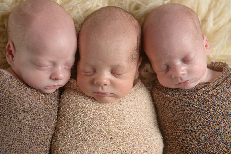 三胞胎,新生儿,异卵双胞胎,裹毯,双胞胎,水平画幅,男婴,白人,兄弟姐妹,特写