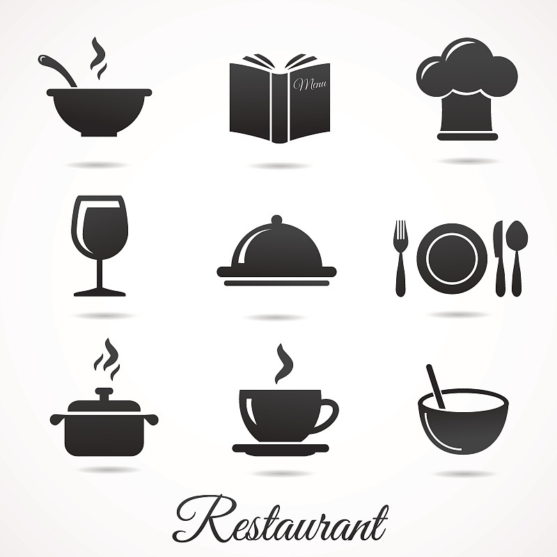 餐馆,计算机图标,白色,分离着色,厨师帽,锅,汤,茶水间,汤匙,碗