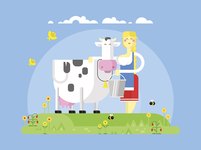 挤奶女工,母牛,动画片,牛乳,乳牛,乳牛场,农业,牛奶瓶,云景,清新