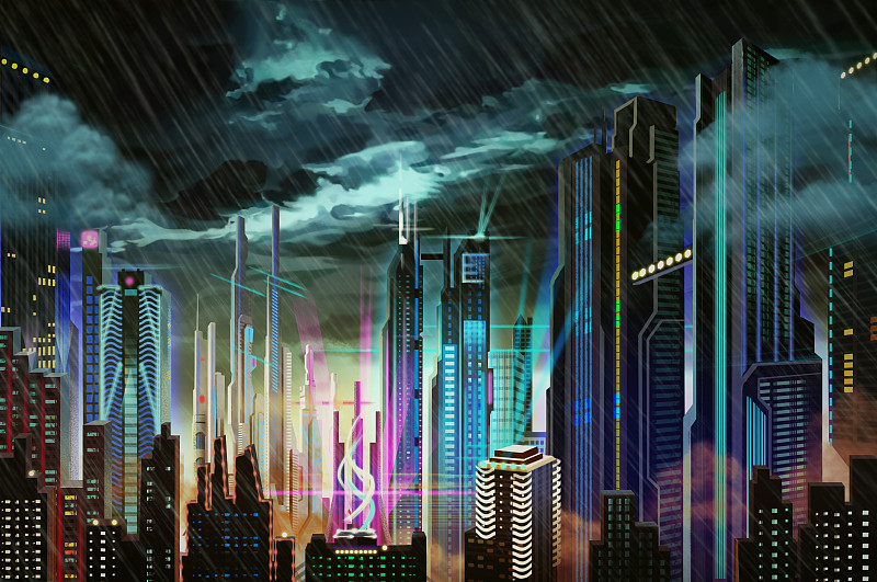 未来,绘画插图,雨,城市,黑色,悲哀,水,天空,贺卡