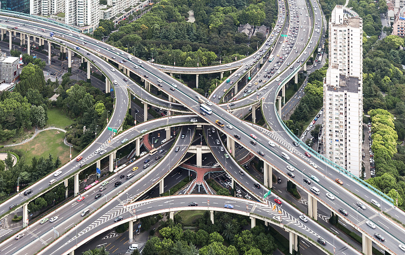现代,城市,上海,高架道路,航拍视角,未来,高视角,陆用车,明亮,都市风景