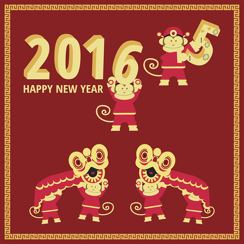 猴年,贺卡,新的,2016,狮子舞蹈,汉字,中文,猴子,部分,春节