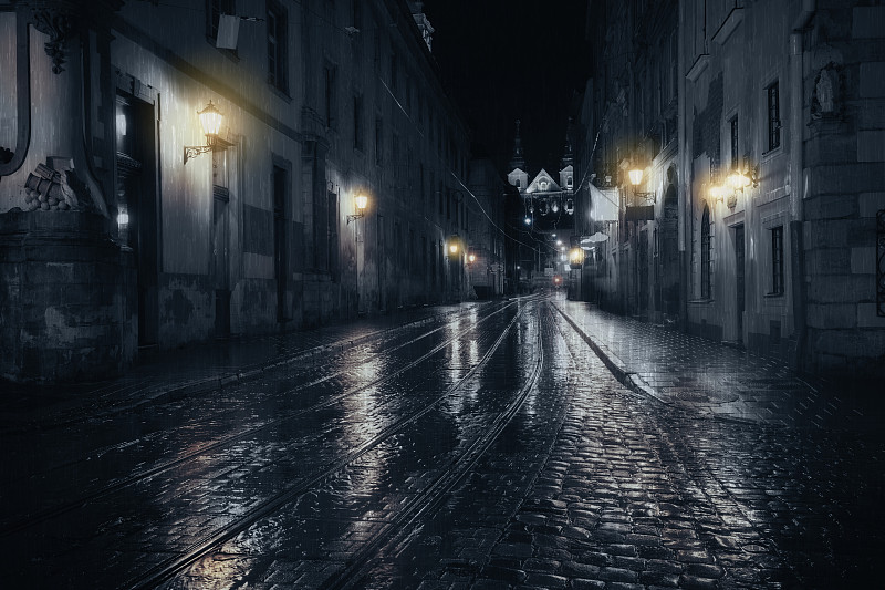 欧洲,雨,室内过夜,过时的,城市,水平画幅,建筑,夜晚,无人,乌克兰