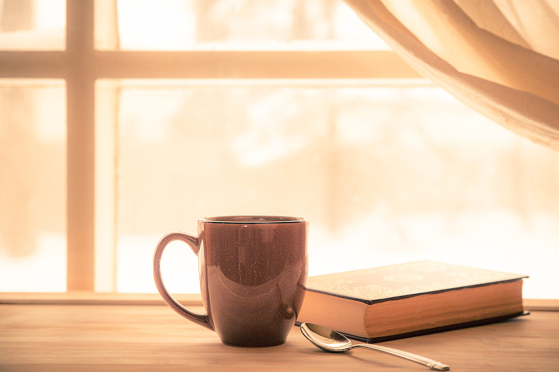 咖啡,书,窗户,水平画幅,雪,无人,古典式,早晨,饮料,白色