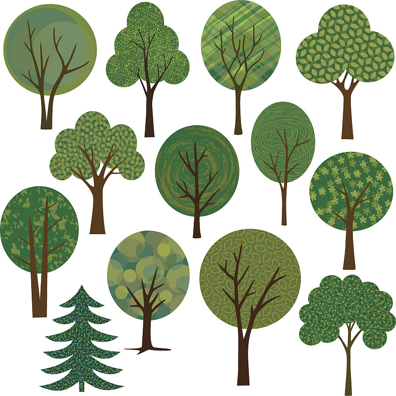 绘画插图,矢量,榆树,柏树,纹理效果,肖像,松木,简单,树荫,公园