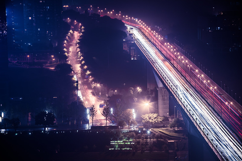 夜晚,城市,桥,交通,轻轨,单轨电车,前灯,立交桥,尾灯,未来