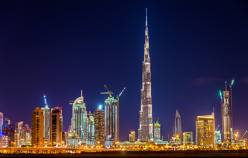 哈利法塔,夜晚,迪拜,市区,国际著名景点,水平画幅,无人,城市天际线,户外,城市