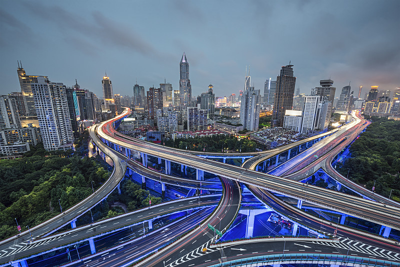 上海,主干路,水平画幅,夜晚,无人,交通,曙暮光,户外,都市风景,多车道公路