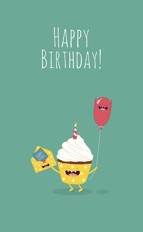 生日,纸杯蛋糕,生日卡,生日蛋糕,生日蜡烛,热气球,贺卡,拟人笑脸,消息,绘画插图