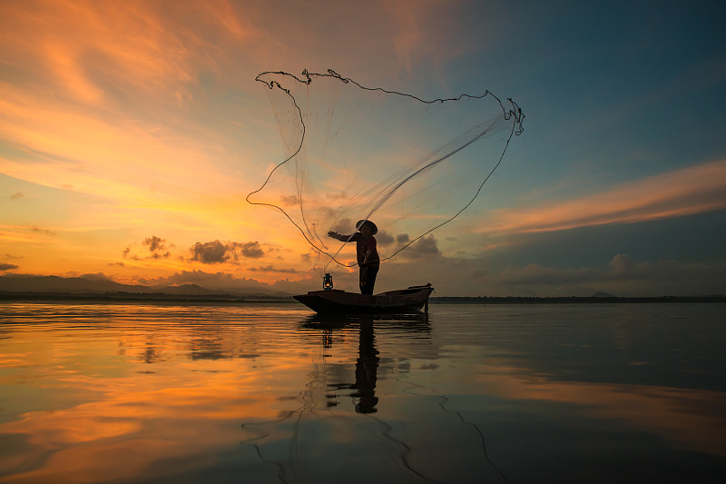 渔夫,早晨,湖,泰国,渔业,鱼网,老挝,水,缅甸,水平画幅