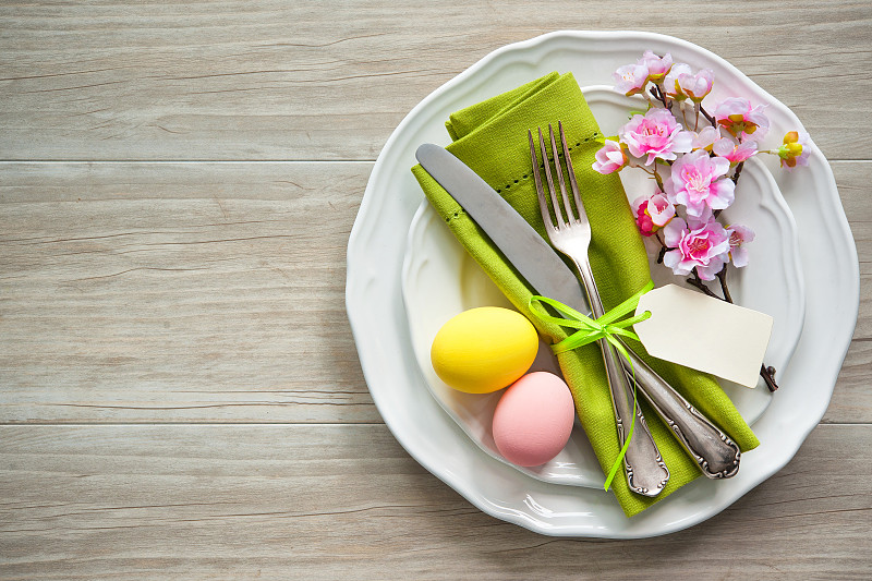 复活节,仅一朵花,餐位,春天,银餐具,餐具,水平画幅,樱花,无人,餐刀