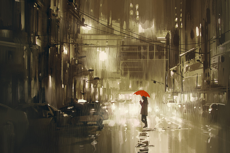 夜晚,雨,伞,街道,女人,红色,横越,艺术,水平画幅