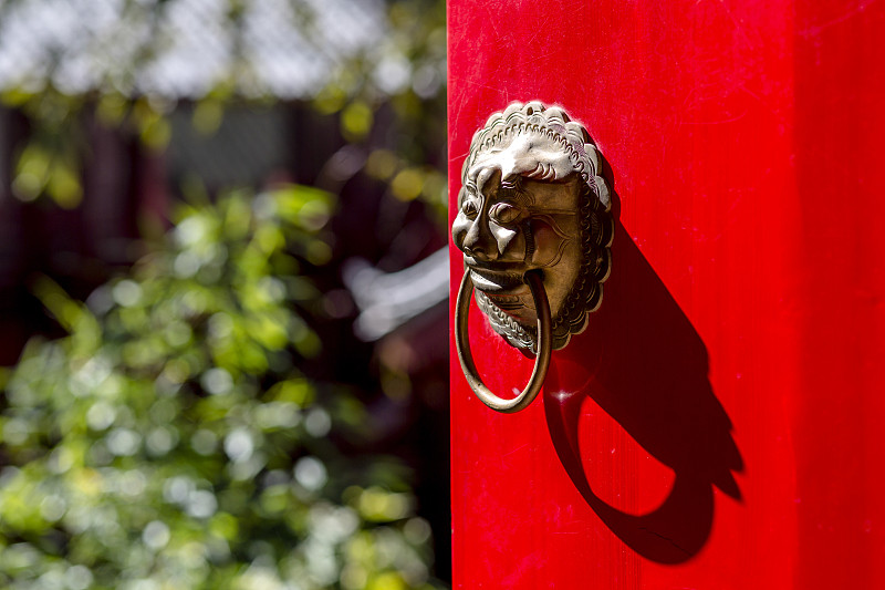 门,门环,狮子,红色,铁,开着的,大门,中国,水平画幅,易接近性
