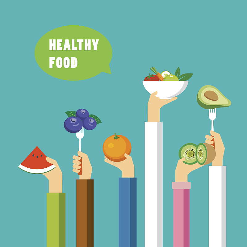 健康食物,概念,扁平化设计,手,蔬菜,水果,胡萝卜,形状,素食,绘画插图