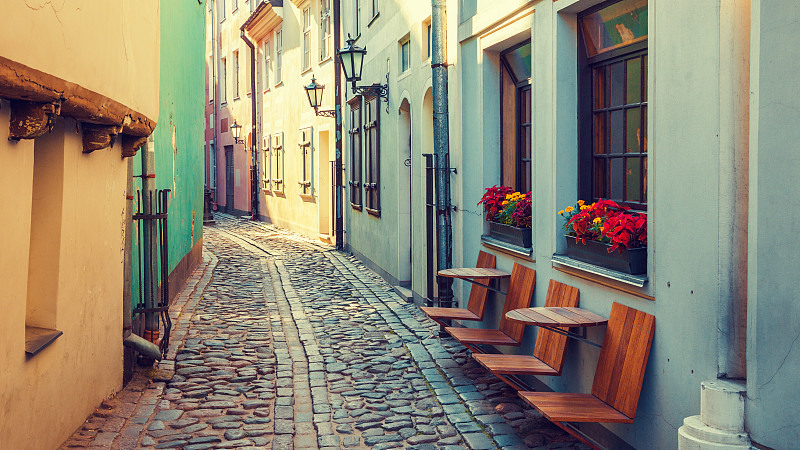 里加,古典式,拉脱维亚,街道,狭窄的,中世纪时代,座位,水平画幅,墙,无人