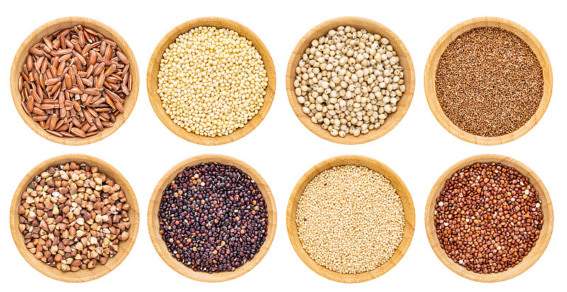 无谷蛋白,谷类,藜麦,水平画幅,木制,无人,正上方视角,荞麦,高粱,背景分离