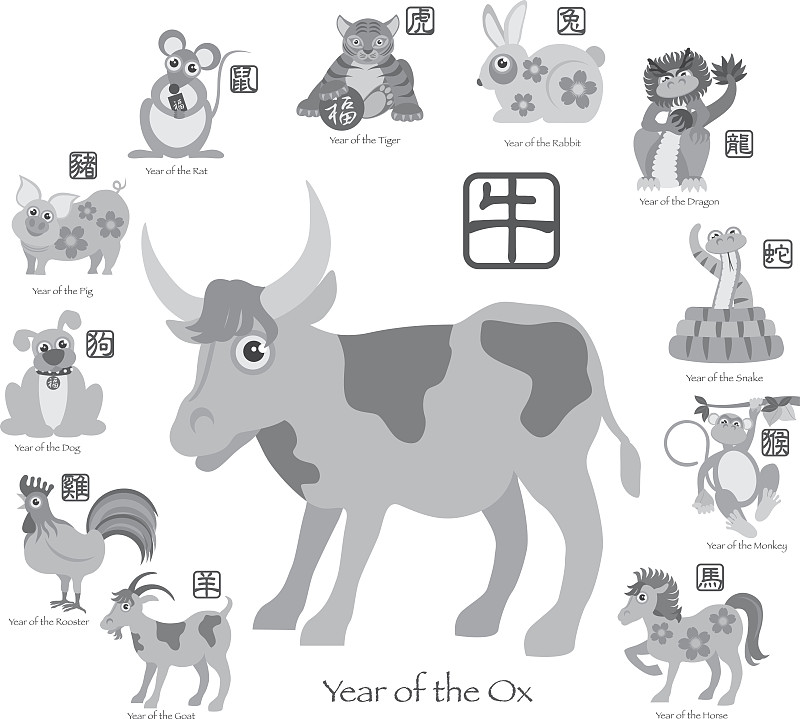 数字12,矢量,春节,绘画插图,野牛,牛年,蛇年,兔年,马年,羊年