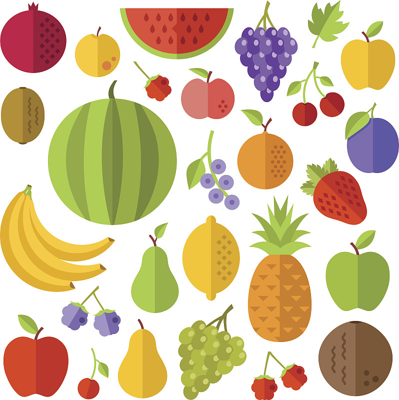 水果,平坦的,符号,梨,樱桃,浆果,菠萝,覆盆子,草莓,维生素