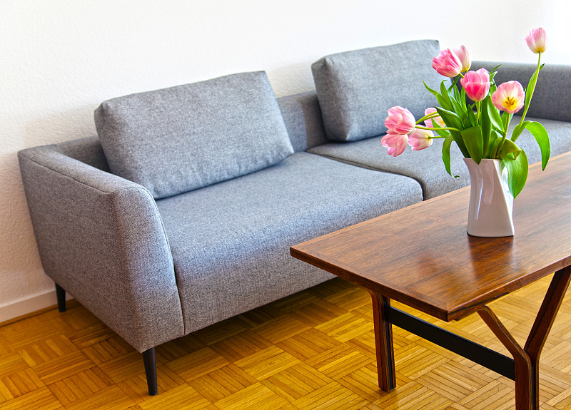 现代,沙发,灰色,极简构图,新的,座位,水平画幅,郁金香,无人,玫瑰