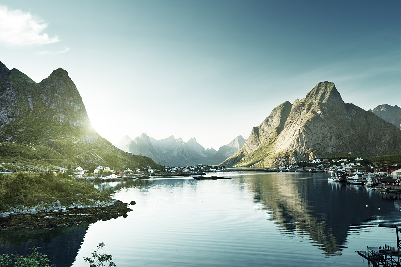 雷讷,乡村,挪威,,罗弗敦群岛,,水,水平画幅,海港,旅行者,夏天,户外