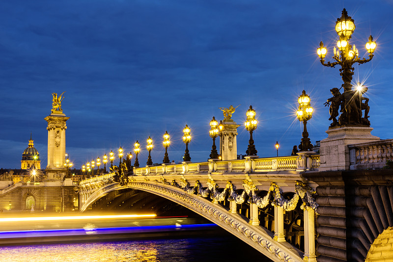 亚历山大三世桥,巴黎,香榭丽舍区,新艺术主义,右岸,纪念碑,水平画幅,夜晚,无人,当地著名景点