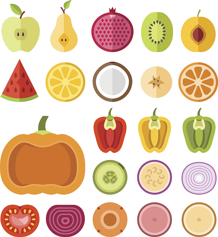 切片食物,水果,矢量,平坦的,计算机图标,蔬菜,黄瓜,橙子,橙色,绘画插图